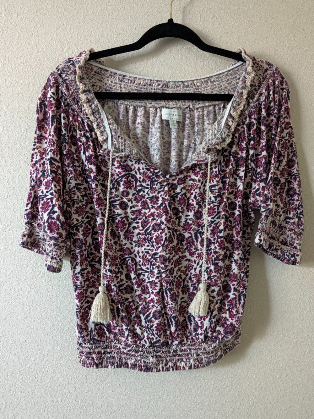 Lucky Brand Womens Small Purple Blue Floral 3/4 Sleeve Blouse Wide V-Neck Boho